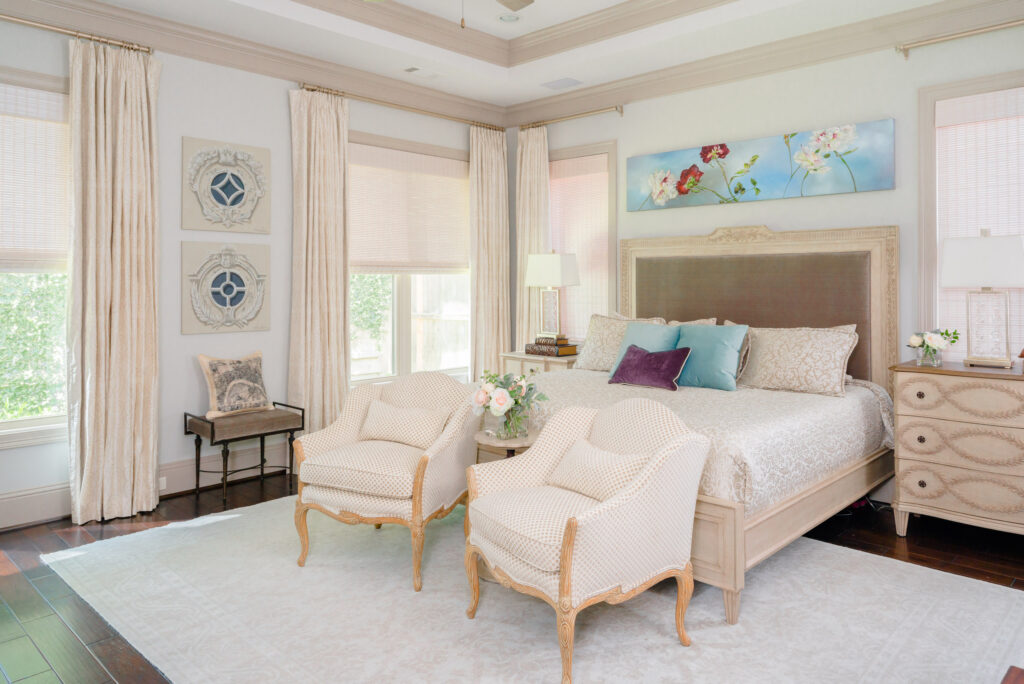 Incorporate chairs or seats of some kind in your master bedroom a place to sit is key in a master bedroom